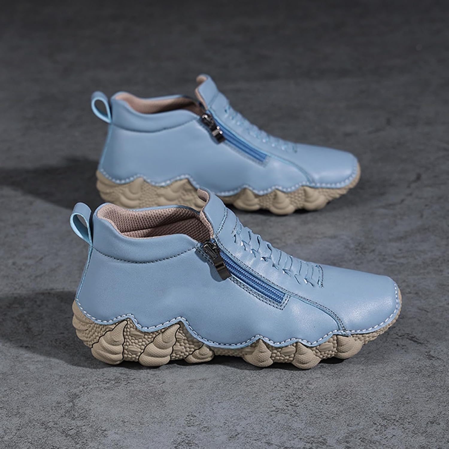 Ankle Boots for Women Platform Non-Slip Hiking Bareboot Shoes Zipper Round Toe Leather Chukka Boot Slip On Comfortable Walking Boot Outdoor Fashion Sneakers