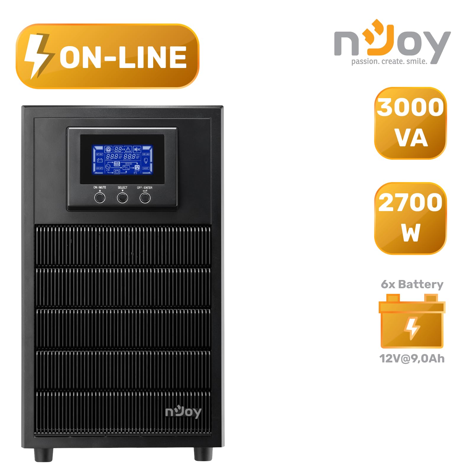 NJOY Aten Pro 3000 Gruppo di Continuità 3000VA 2700W | Doppia Conversione Online | Onda Sinusoidale Pura | 4 Schuko | USB RS232 Slot SNMP | 6 batterie da 12V 9Ah | UPS Server Rack Datacenter