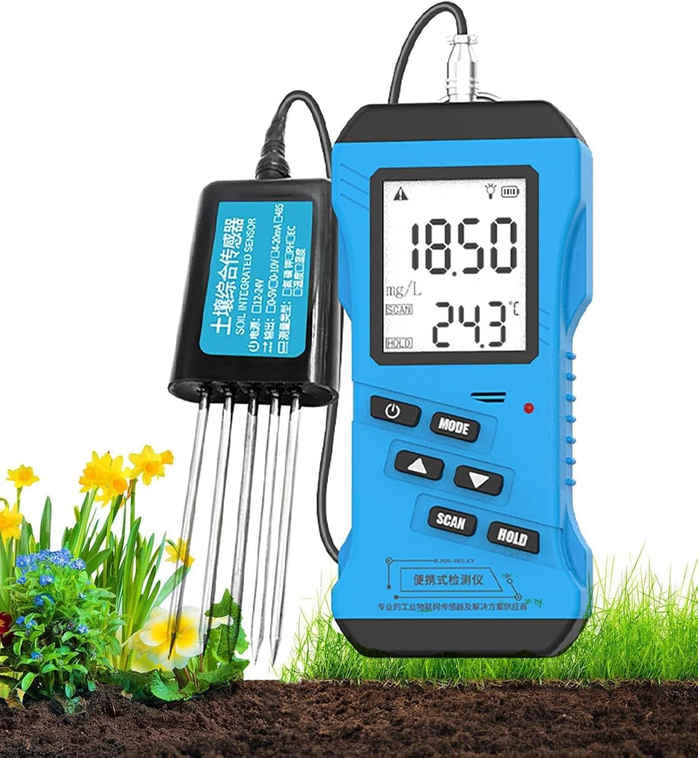 Tester per terreno 7 in 1 con misuratore di pH, umidità, temperatura, conducibilità, azoto, fosforo, misuratore CE, display LCD per agricoltura e giardinaggio
