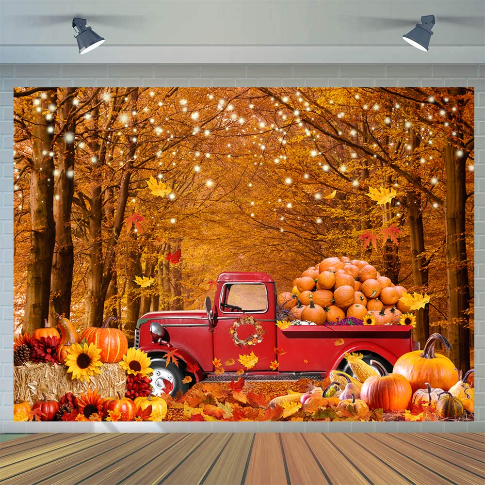 CYLYH 8x6ft Fall Photography Backdrop Autumn Maple Forest Leaves Car Pumpkin Friendsgiving Background Thanksgiving Party Supplies Farm Harvest Event Banner