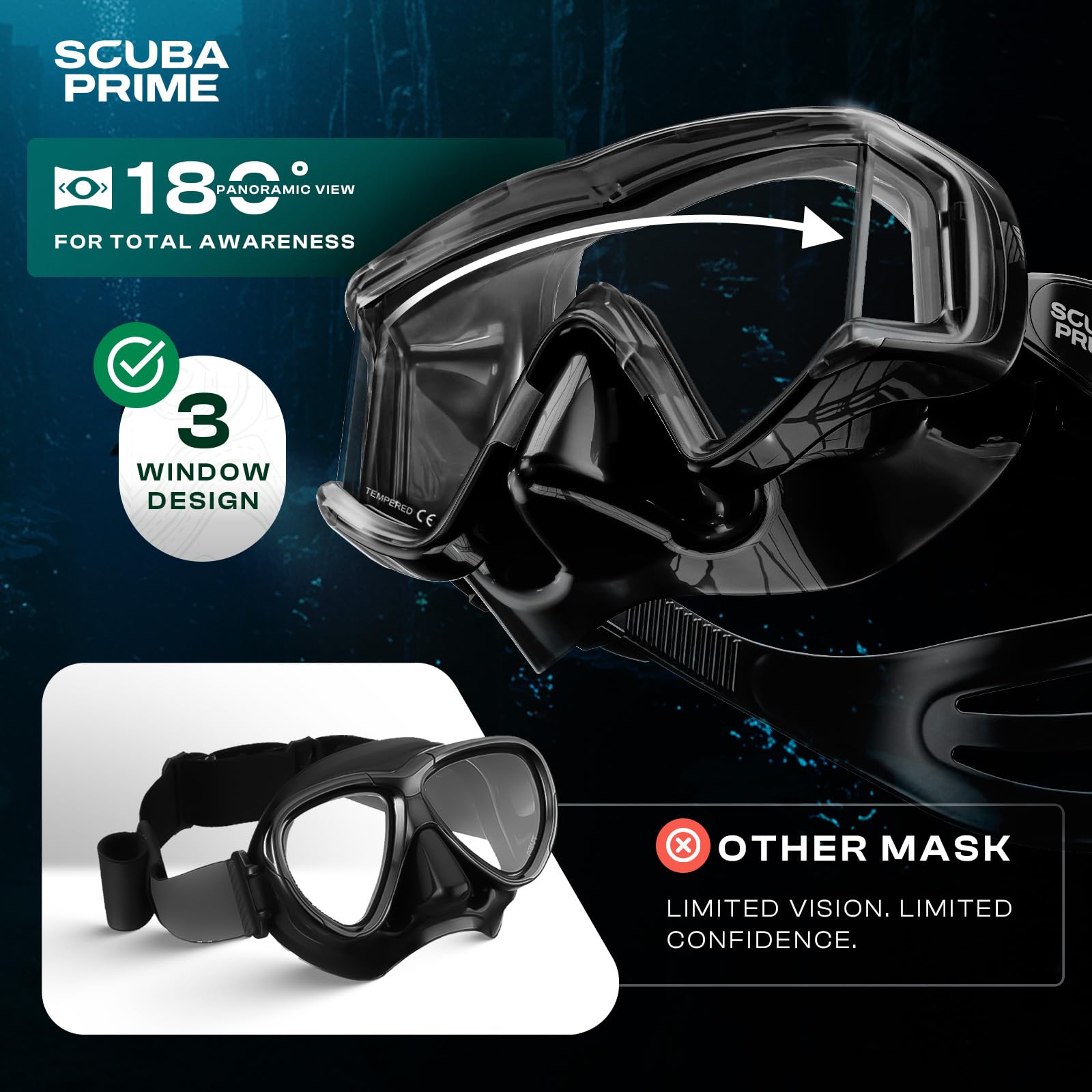 Pano - Máscara de buceo con 3 ventanas, color negro, máscara antivaho panorámica de 180° para buceo, esnórquel y natación, ajuste cómodo para adultos