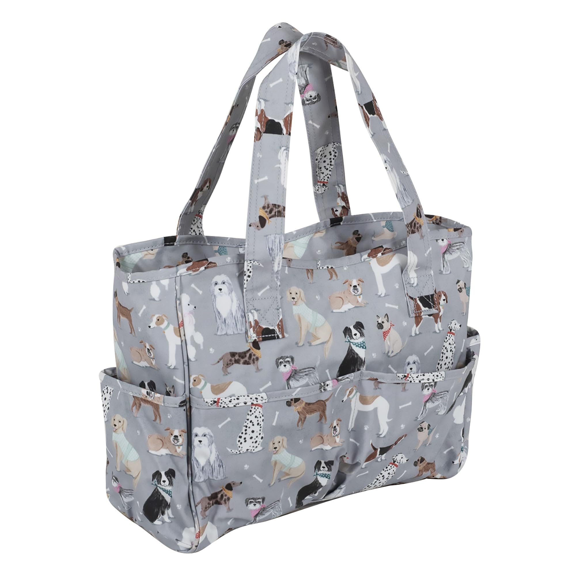 Hobby Gift Medium Knitting Bag - Travel Tote Craft Bags with Compartments, Crochet Bag Organiser for Cross Stitch, Yarn, Embroidery, School Crafting, Art Projects - 13 x 34.5 x 29cm, Grey Dogs