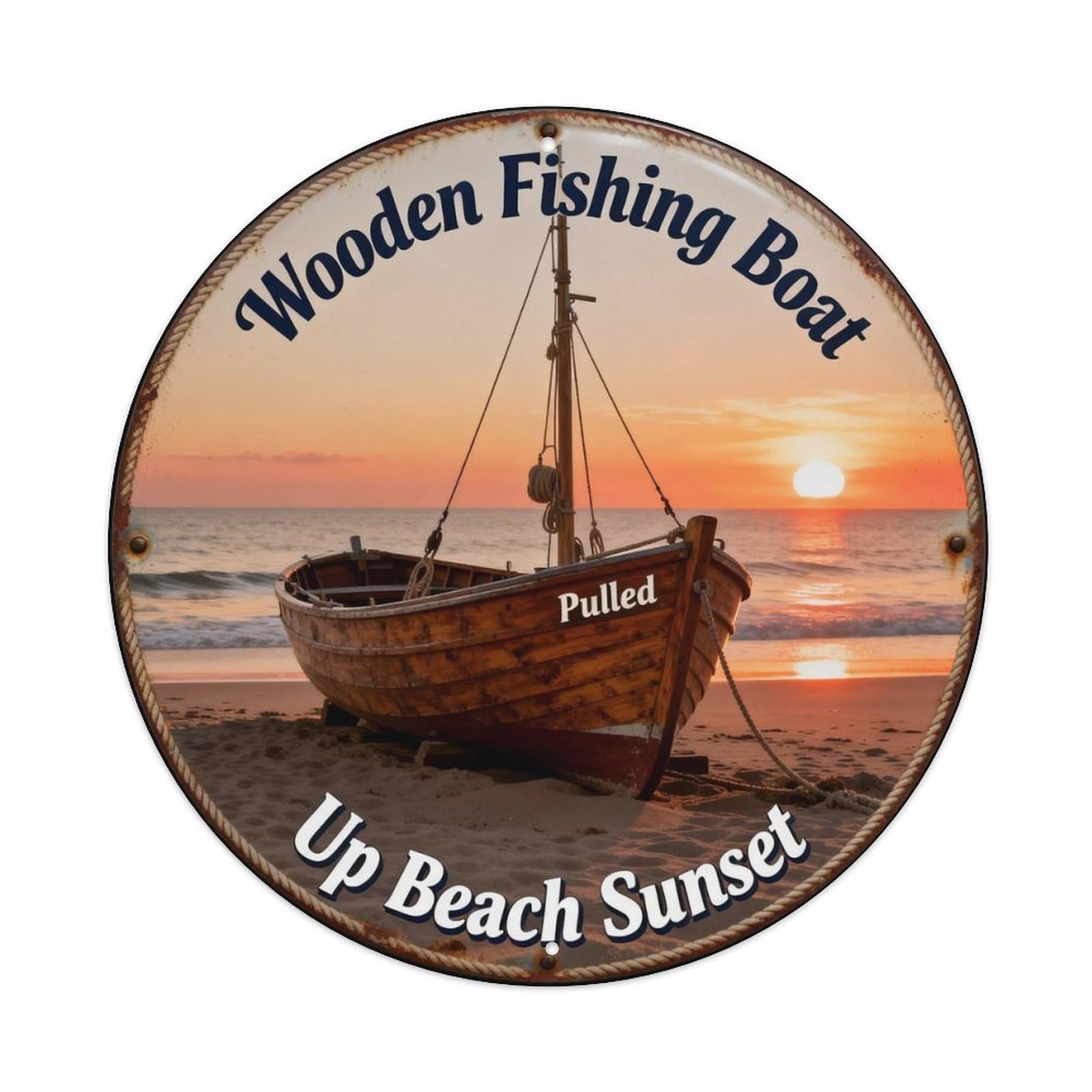 Wooden Fishing Boat Pulled Metal Tin Sign Plaque