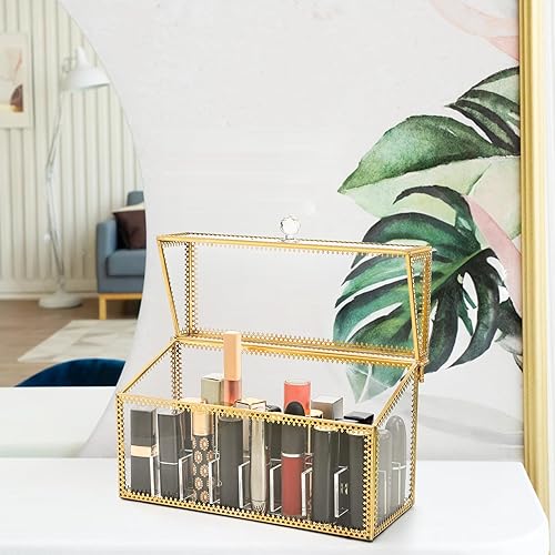 Miniatura 7 de Pumtus Soporte organizador de lápiz labial de 24 ranuras, vitrina de brillo de labios de vidrio templado a prueba de polvo, caja de perfume