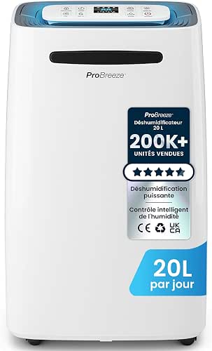 Pro Breeze Déshumidificateur d Air 20L/jour - Sèche-linge, Drainage continu,