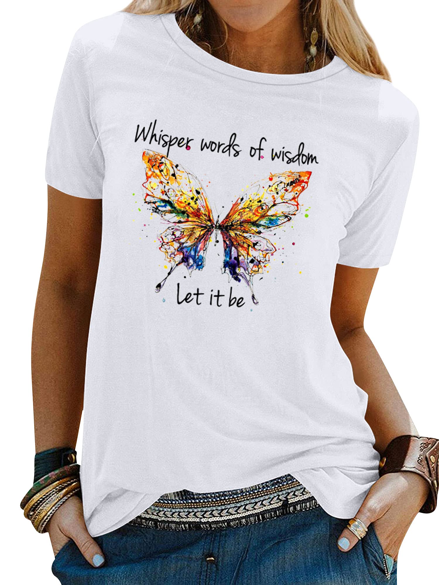 DresswelT Shirts for Women Whisper Words of Wisdom T-Shirt Butterfly Graphic Print Tee Round Neck Short Sleeve Tops