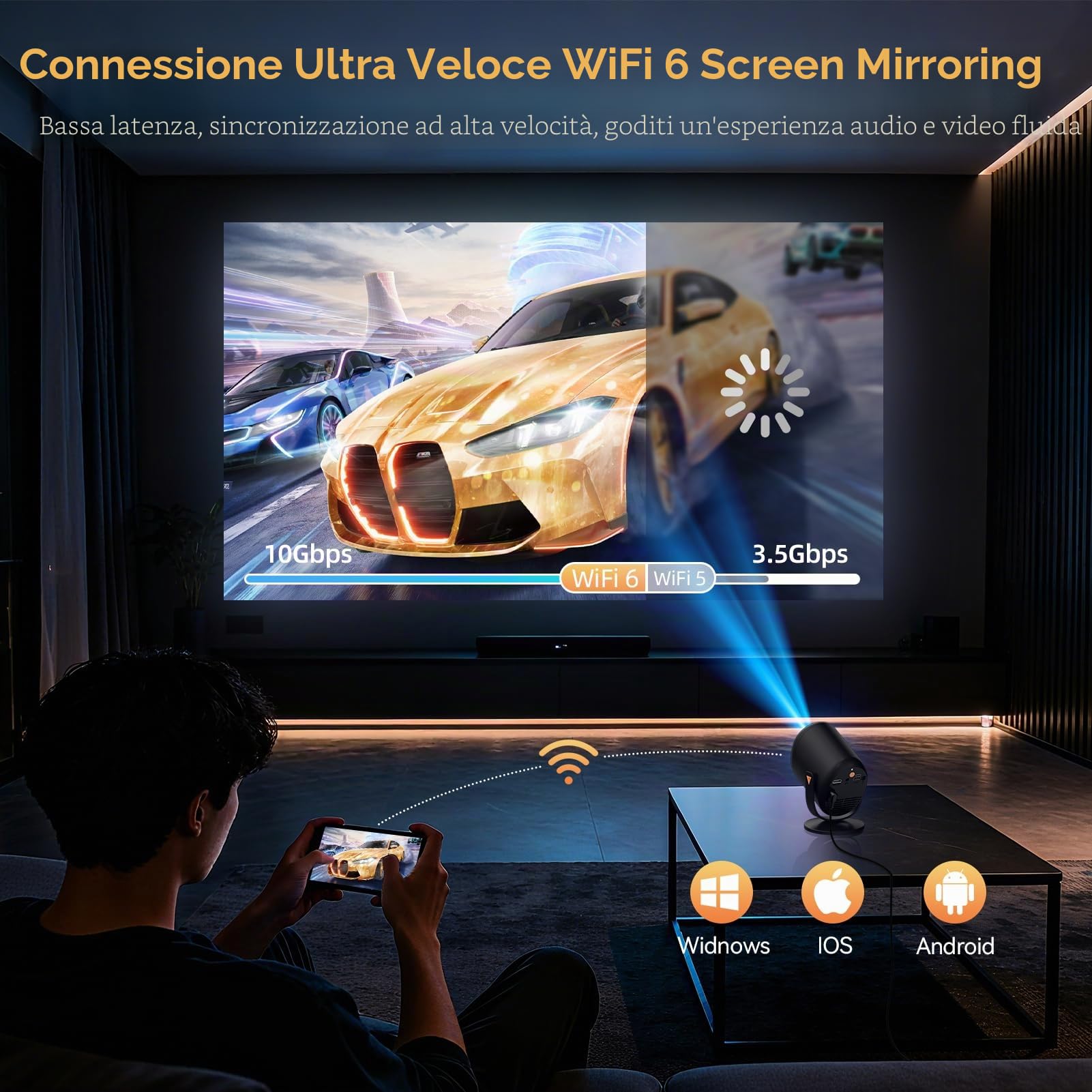 Mini Proiettore con WiFi 6 e BT5.4, Proiettore Portatile nativo 1080P, supporto 4K, con supporto regolabile a 180°, display max 180 pollici, altoparlante integrato with HDMI/TV Stick/USB(Nero)