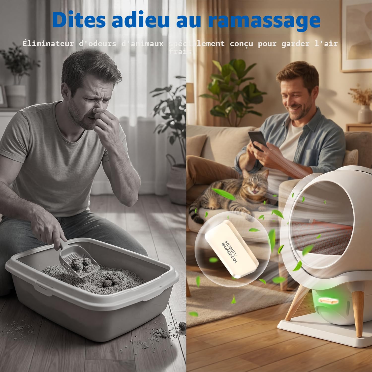 Litiere Chat Autonettoyante HONEYGUARDIAN, Bac à Litière Automatique Chat avec Contrôle APP, Anti-Fuites/Odeur/Secure, Étanche IPX5 et Nettoyage Facile, Capacité 63L pour Plusieurs Chats (3-15kg)