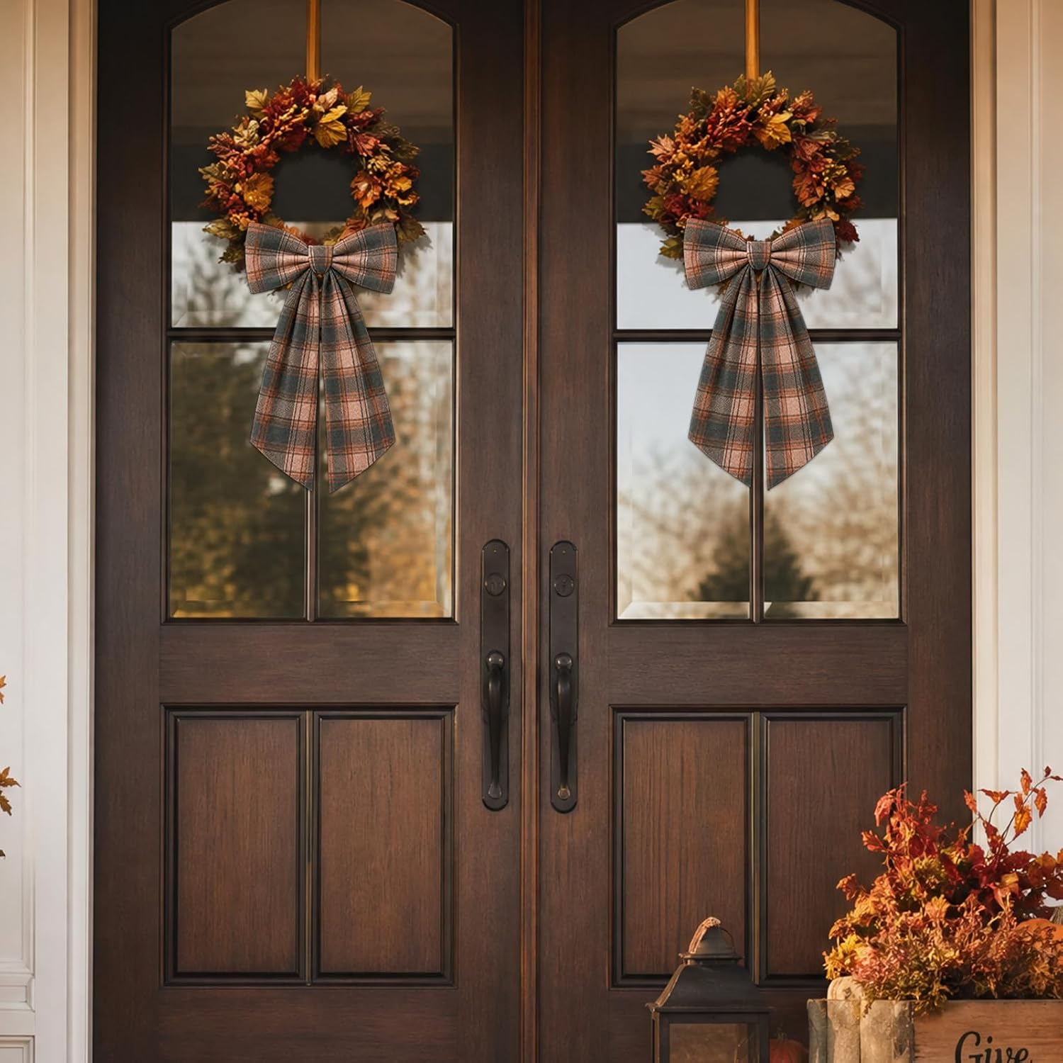 2 Pcs Plaid Fall Wreath Sash for Front Door Autumn Brown Orange