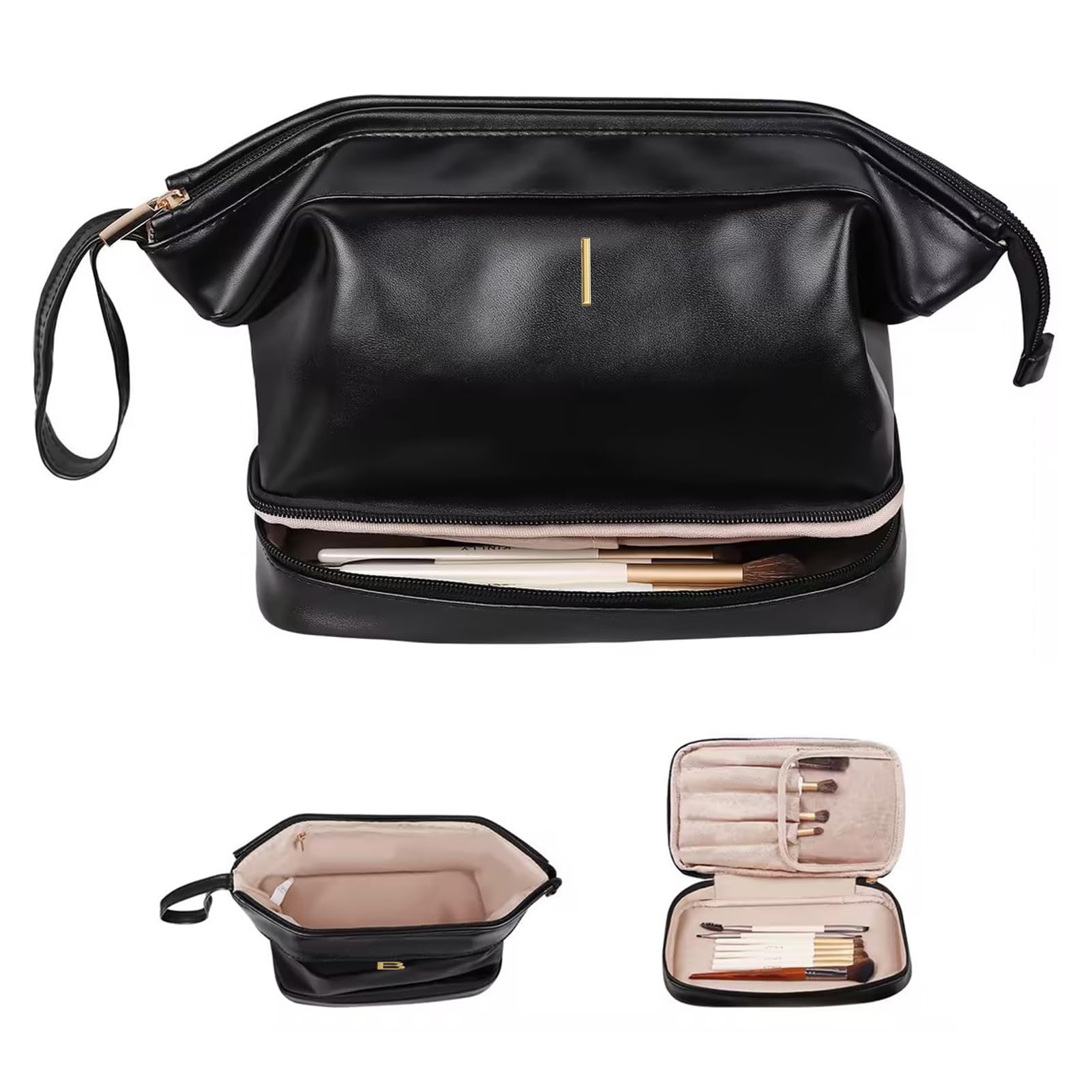 VogewoodInitial Large Makeup Bag, Personalized Double Layer Cosmetic Bag with Makeup Brush Organizer, Waterproof, Large Capacity PU Leather Travel Toiletry Bag, with 2 Drawstring Toiletry Organizers,
