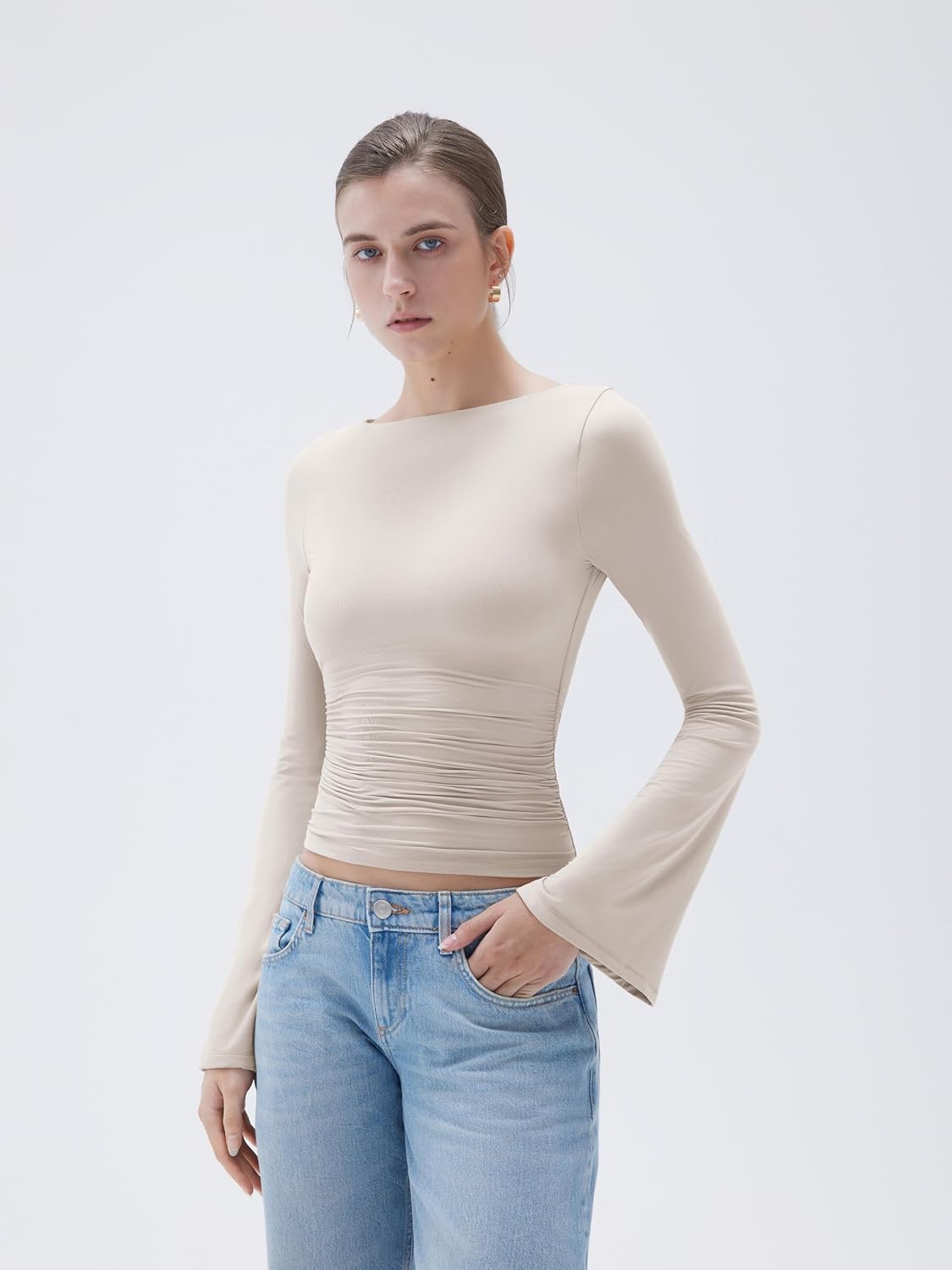 SUUKSESS Women Crew Neck Bell Sleeve Tops Double Lined Going Out Fitted Basic T Shirts - Image 3