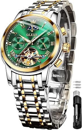 OLEVS Men's Watches Automatic Mechanical Stainless Steel Moon Phase Waterproof Date Luminous Tourbillon Wrist Watch for Man