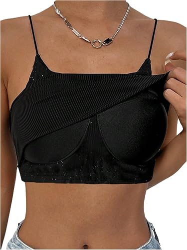 OYOANGLE Women's Sparkly Sequin Crop Cami Top Spaghetti Stra
