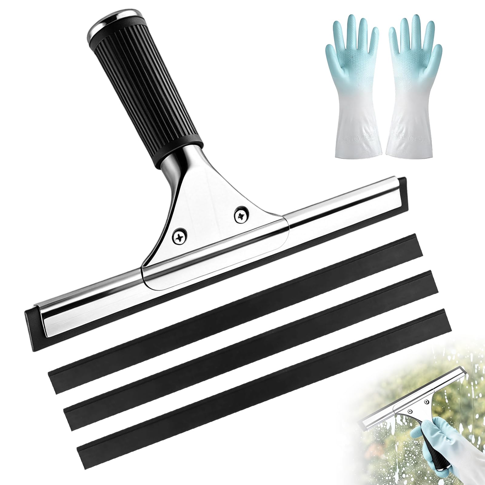 5 Stück Professional Window Cleaner Squeegee, 25cm Shower Squeegees with 3 Rubber Blades & Handschuhe Stainless Steel Wiper for Mirrors Shower Doors