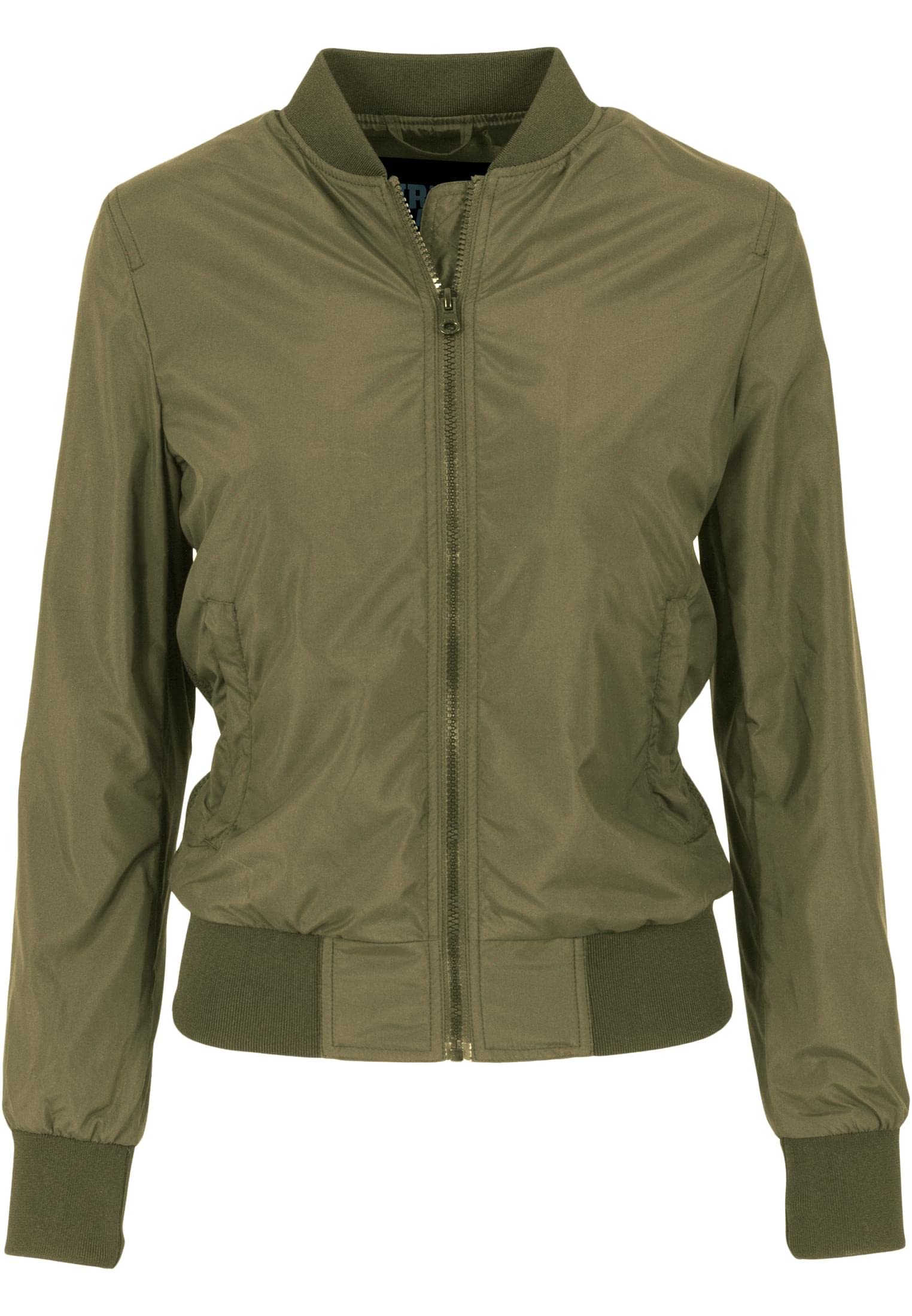 URBAN CLASSICS Women's Light Bomber Jacket with Ribbed Cuffs, Lightweight Flight Jacket for Mid-Season Weather, Longsleeve Jacket with Zipper & Pockets, Colour: Olive, Size: Large