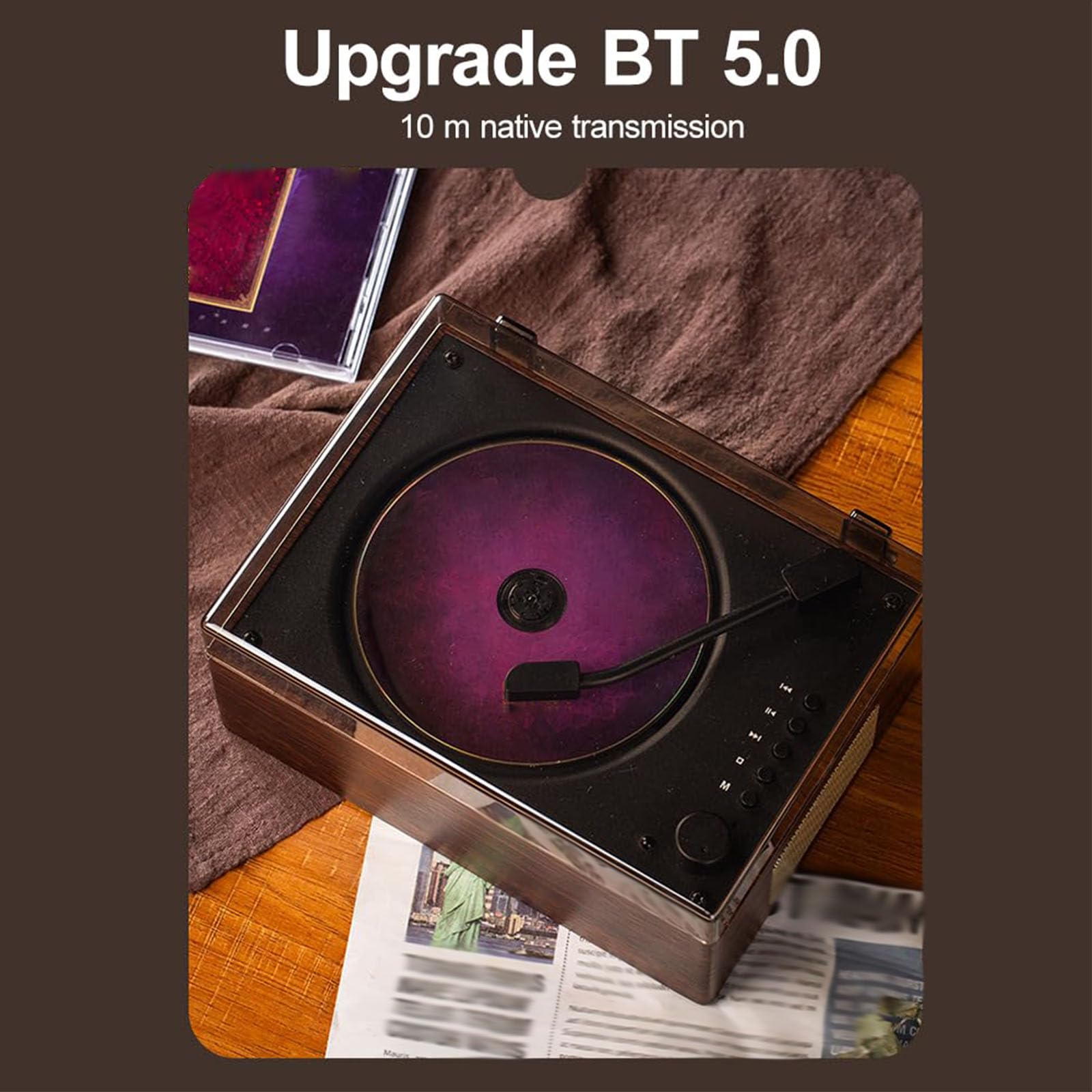 Reproductor de CD Retro con Altavoces Recargables, Compatible con CD, BT | Música para el hogar portátil compatible con Bluetooth 5.0 con control remoto, audio de madera para estudio en casa(walnut)