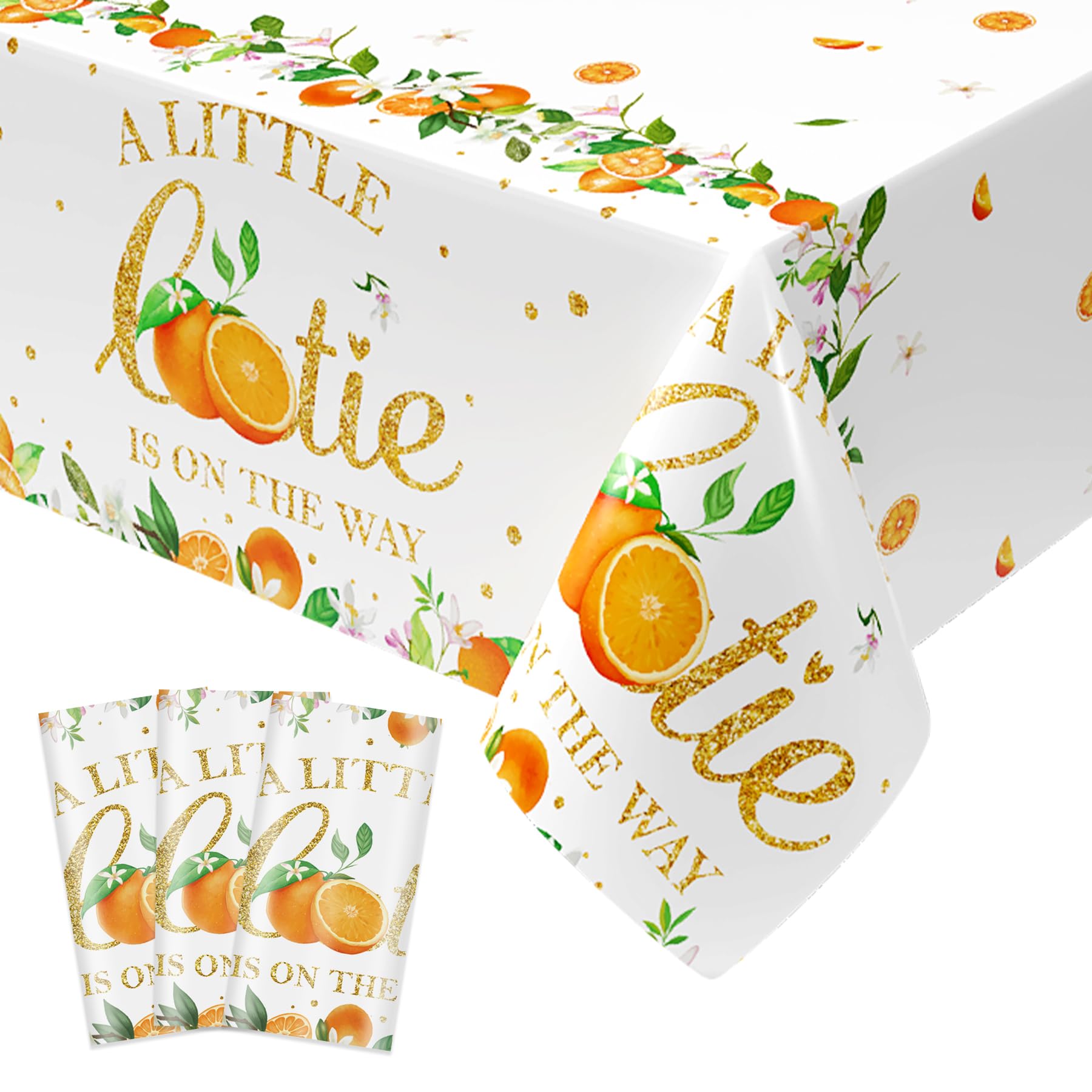 Lianxuia 3 Pcs Little Cutie Tablecloth, 54 * 108 Inch Orange Tablecloth, Fruit Plastic Tablecover for Boys and Girls Birthday Party, A Little Cutie is