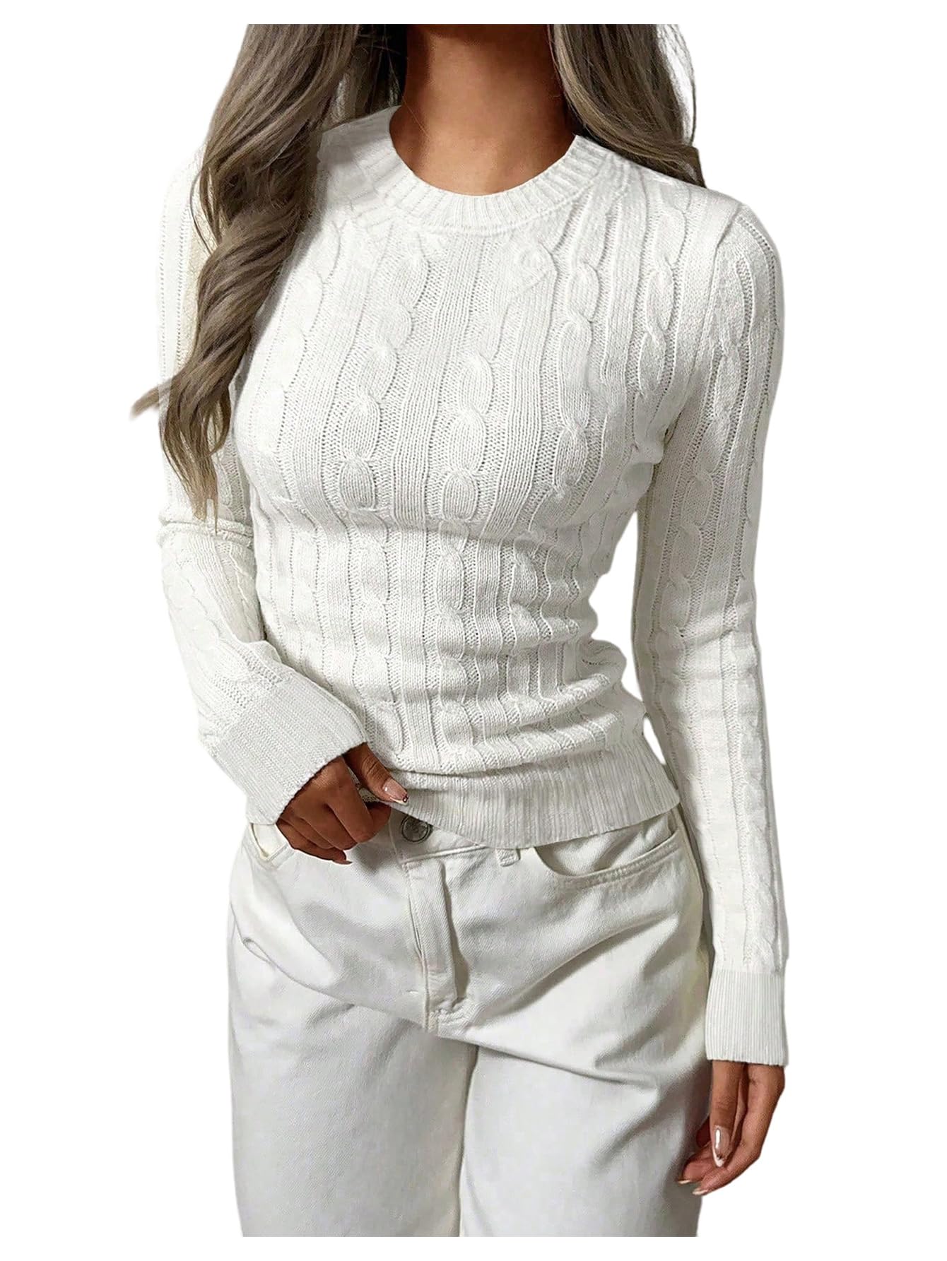 GORGLITTER Womens Cable Knit Fall Sweater Lightweight Slim Crewneck Long Sleeve Trendy 2025 Pullover Jumpers Tops