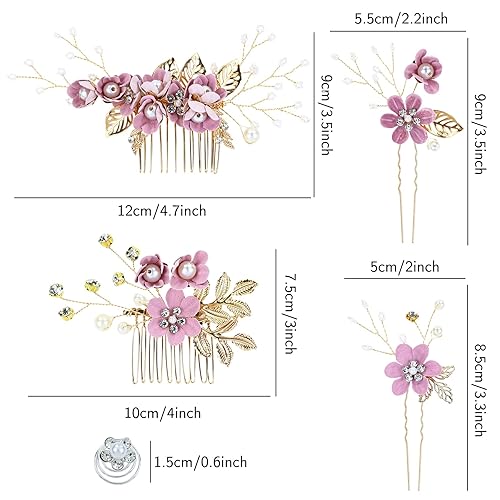 Miniatura 4 de Cinaci 18 piezas para novia, boda, fiesta, graduación, perlas, diamantes de imitación, flores moradas, peines laterales, diapositivas+horquillas en