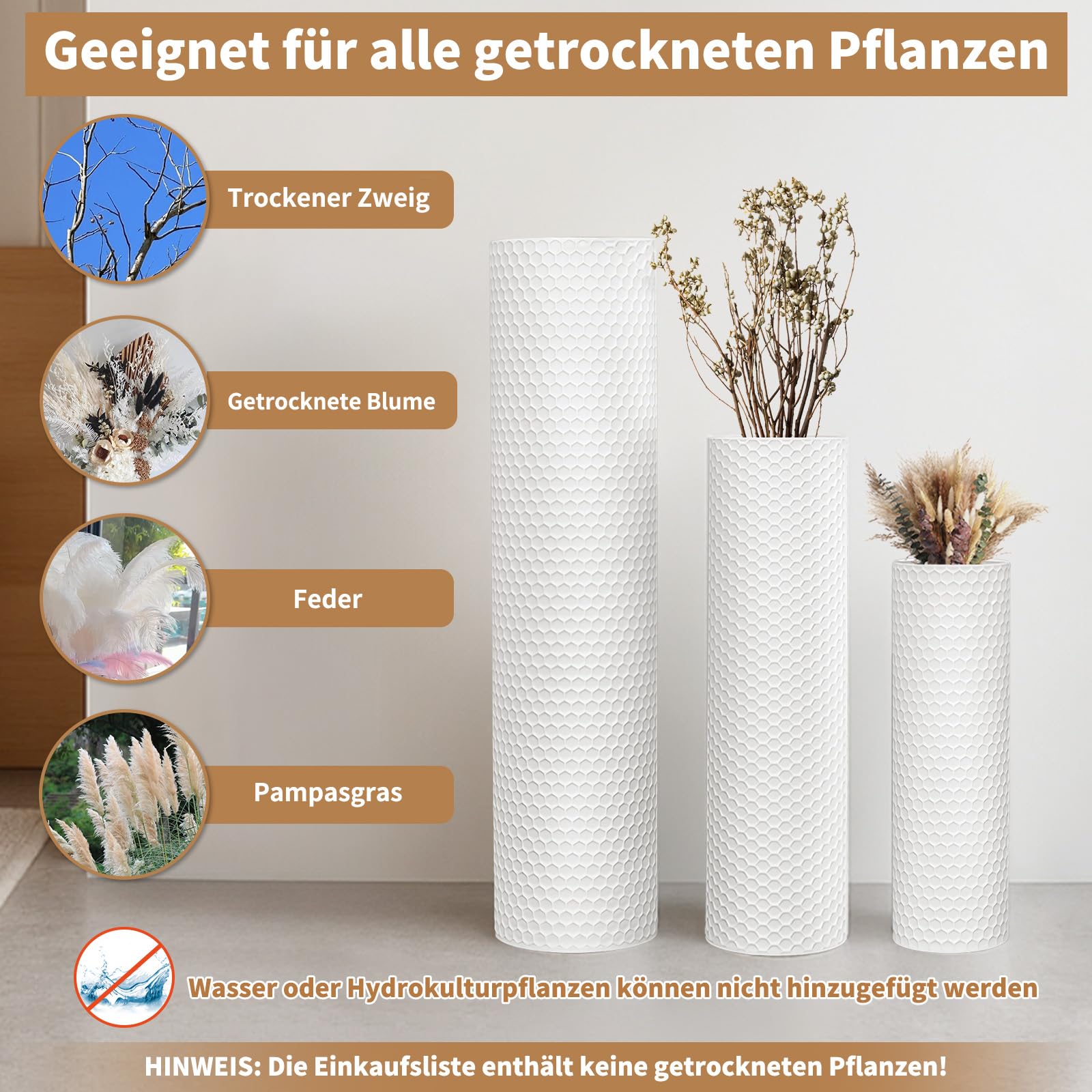 aleawol Bodenvase Weiß Groß 70/55/40cm, Hohe Bodenvasen Set of 3 | Hohe Bodenvase Metall für Pampasgras Trockenblumen, Moderne Wabenstruktur Vasen für Boden für Wohnzimmer Schlafzimmer Corner
