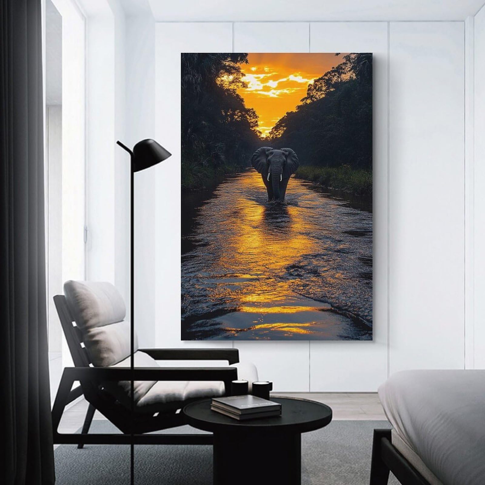 Junmoney Elephant Crossing River at Sunset Decorative Canvas Print, 20x30inch(50x75cm), for Hallway, Bedroom Or Modern Interiors, Gift Idea for Housewarming And Birthdays