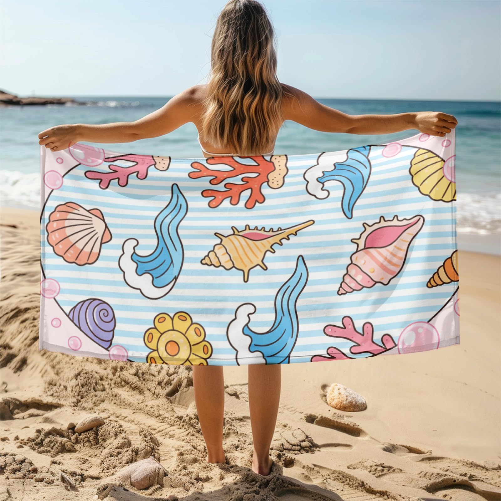 Fouta PlageVagues Plage Dorée Modèle Surdimensionné avec Diverses Tailles, Respirante et Portable, Parfaite pour Voyages Sorties Piscine et Usage Extérieur Quotidien 90x160 cm