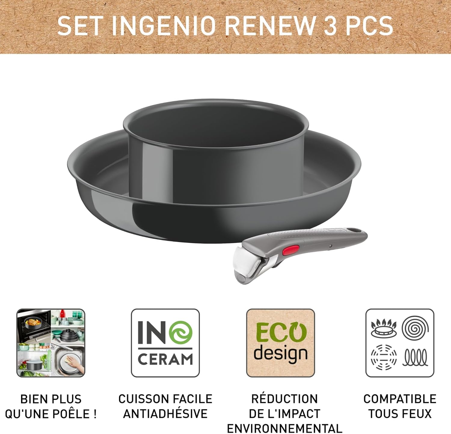 Tefal Ingenio Renew Lot 3 Pièces - Poêle, Casserole & Poignée Amovible avec Revêtement Céramique Antiadhésif - Fabriqué en France - Image secondaire
