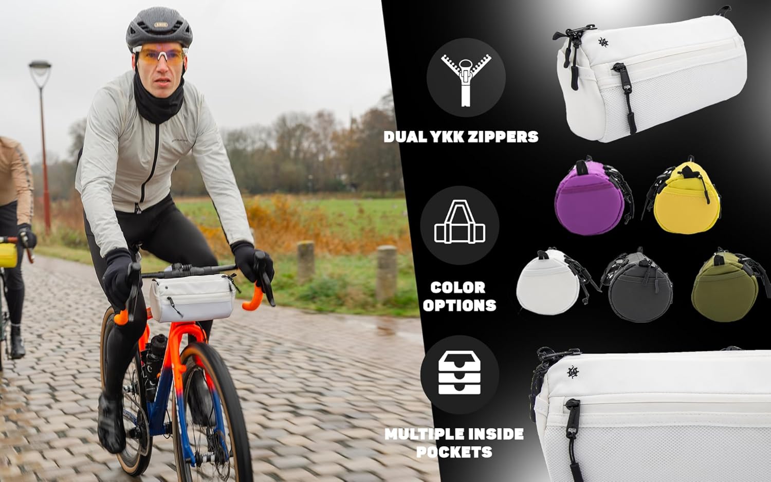 Lumiere & Co. Bike Handlebar Bag - Durable, Multiple Size and Color Options - Dual Elastic Straps, Clips & Hook-and-Loop for Customizable Fit (White, Large)