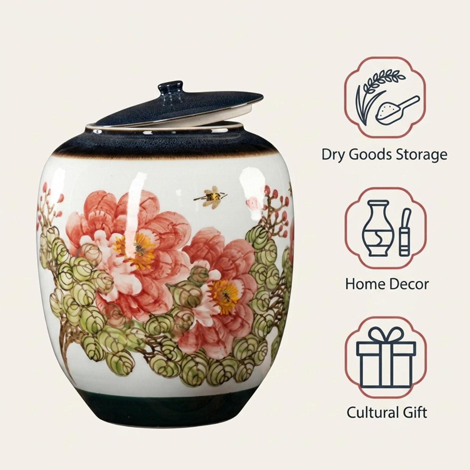 Barattolo per Riso in Ceramica con Coperchio, Grande Contenitore | Porcellana per Grano e Farina, Barattolo da Cucina per Piano di Lavoro, Decorazione Floreale Stile Asiatico