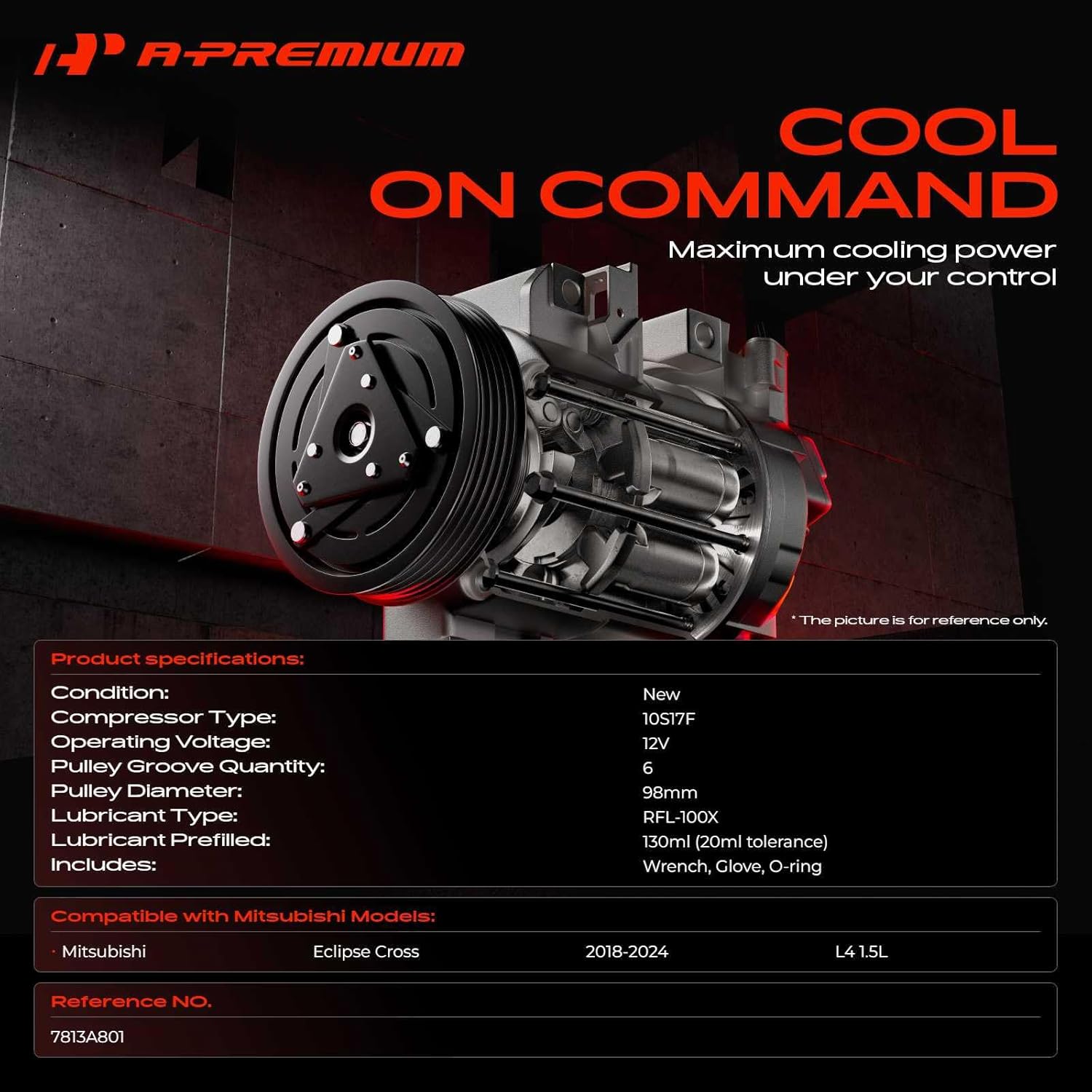 A-Premium Air Conditioner AC Compressor with Clutch Compatible with Mitsubishi Eclipse Cross 2018-2024, 1.5L, with 6-Groove Pulley