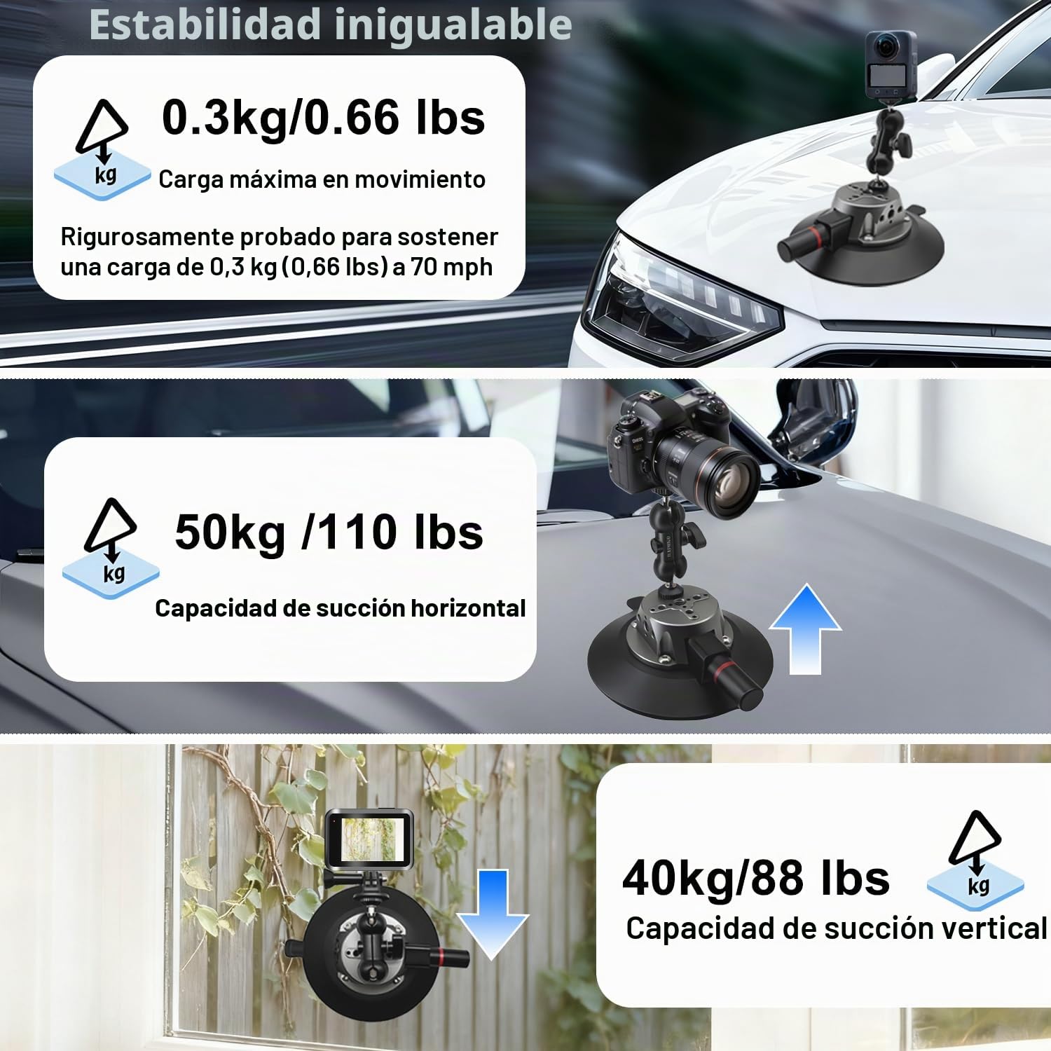 6" Coche DSLR Cámara Ventosa Soporte Ventana Alta Resistencia | Ventosa 50kg/110lb, Triple Cierre, 70mph, Roscas 1/4&3/8, con DSLR Acción Cámara , Aluminio Antivibración, Montaje Rápido