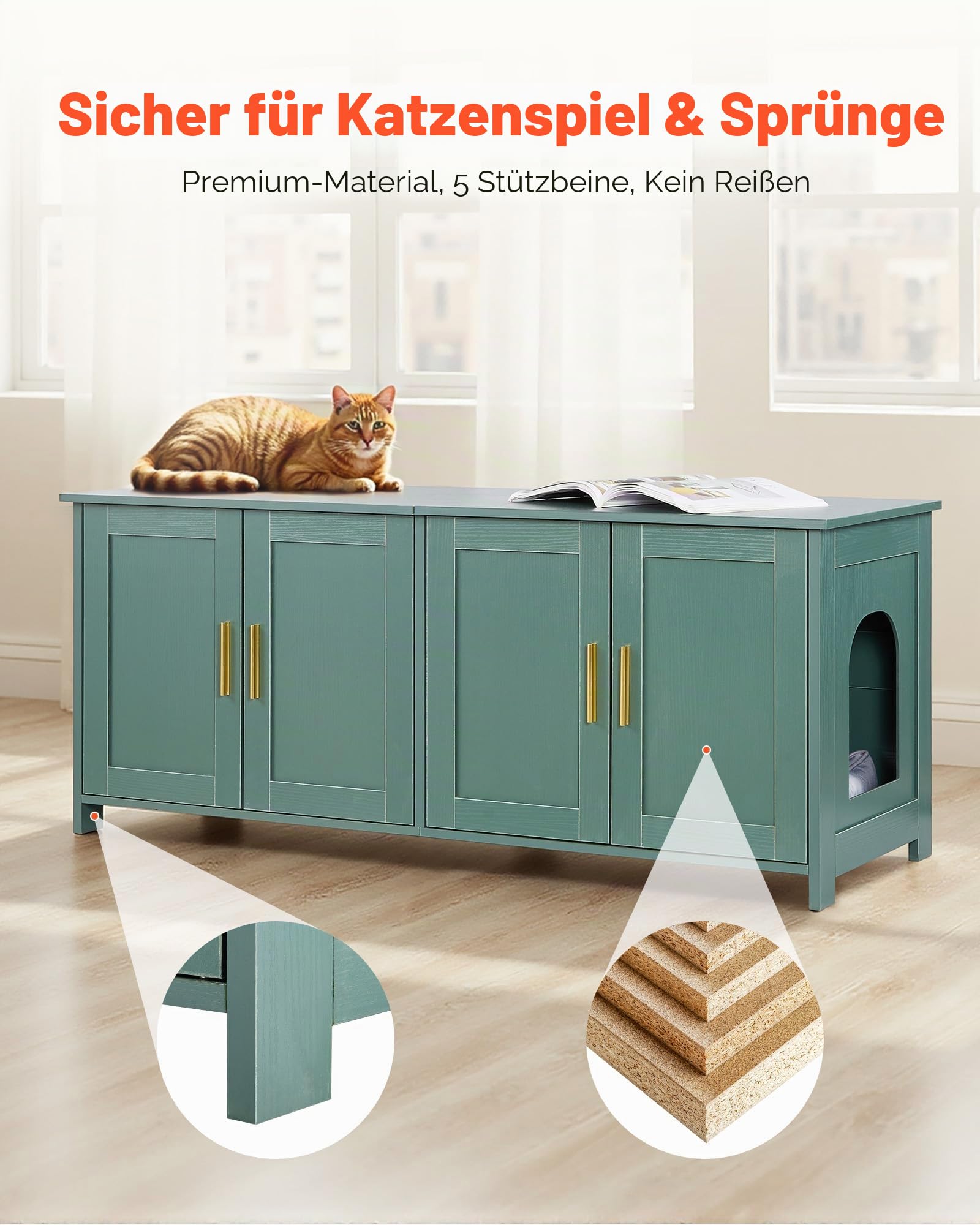 VEVOR Katzenschrank, 1200x450x500 mm, Katzentoiletten mit 4 Türen & 2 Eingängen, Katzenklo Schrank für den Innenbereich, Katzenhaus aus Holz, passend für die meisten Katzentoiletten, grün