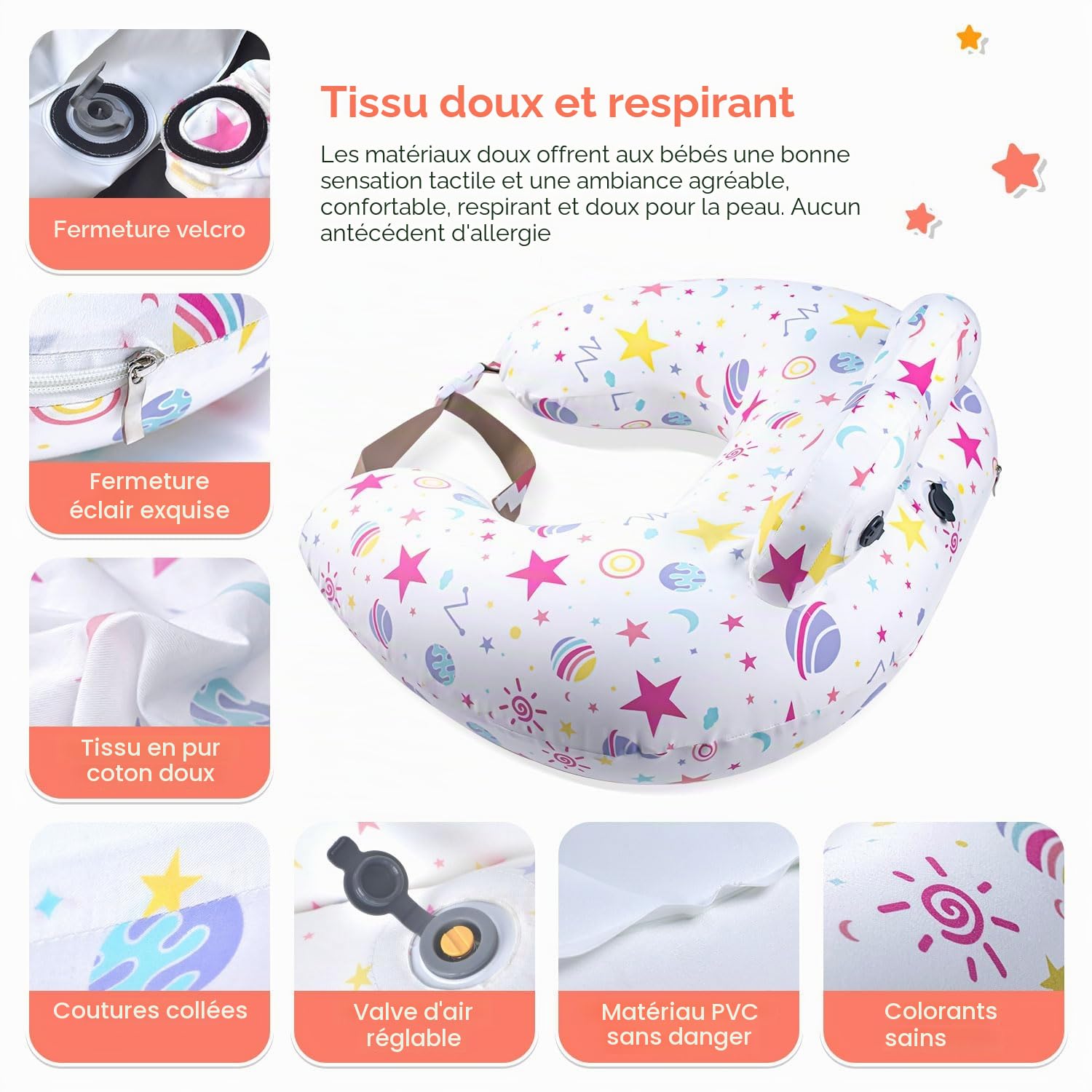 Coussin d'allaitement gonflable pour allaitement - Coussin d'alimentation de voyage pour le soutien maternel, ceinture de taille réglable, housse amovible 100 % coton - Accessoire portable essentiel