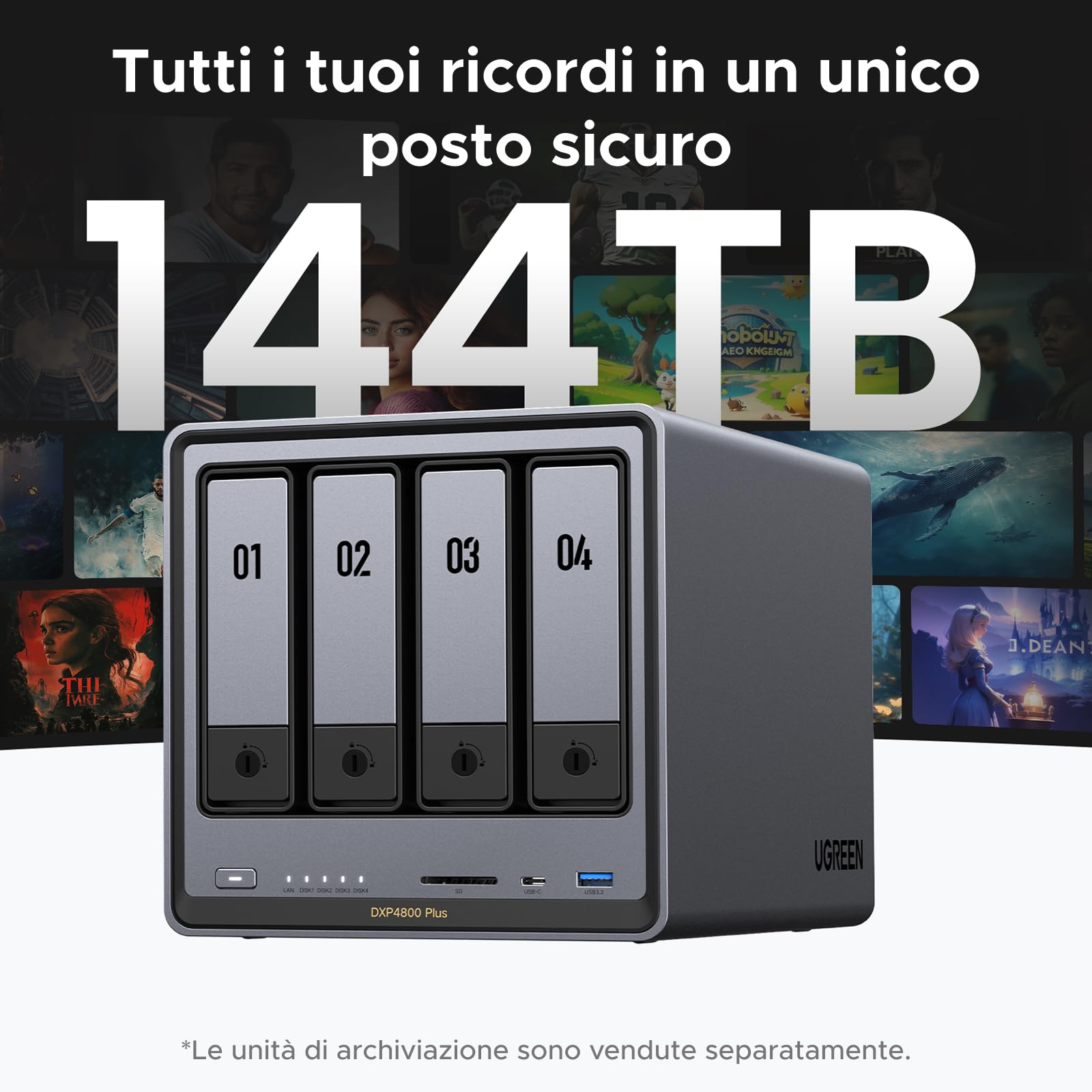 UGREEN NASync DXP4800 Plus, NAS desktop a 4 bay, CPU Intel Pentium Gold 8505 a 5 core, RAM DDR5 da 8 GB, SSD da 128 GB, 1 * 10 GbE, 1 * 2,5 GbE, 2 * slot M.2 NVMe, HDMI 4K (senza disco)