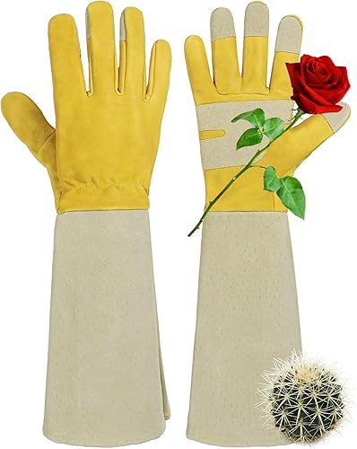 Miniatura 11 de HANDLANDY Guantes de jardinería de cuero, guantes largos a prueba de espinas, guantes de jardín resistentes, longitud al codo, guantes de poda