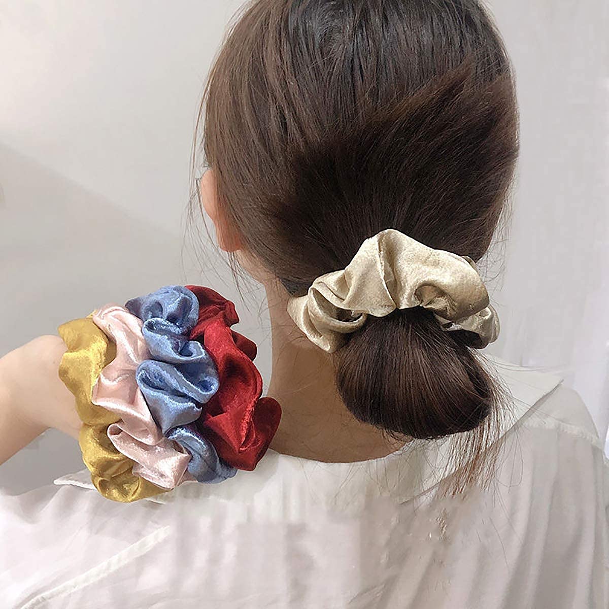 BAKEFY - 6 pieces Satin Hair Scrunchies Hair Ponytail Holder in Satin Solid Fabric For Girl And Women Multicolor