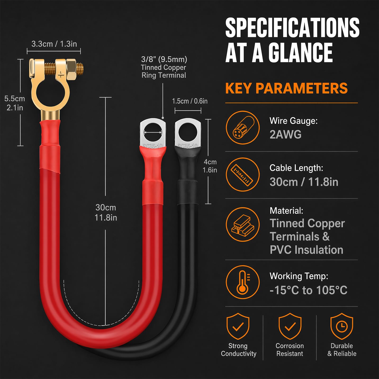 2 cavi inverter per batteria, 4 AWG, 30 cm, in rame puro, con morsetti per batteria, rosso e nero, cavo batteria da 12 V-24 V, per auto, camion, moto, camper, solare, marine, inverter