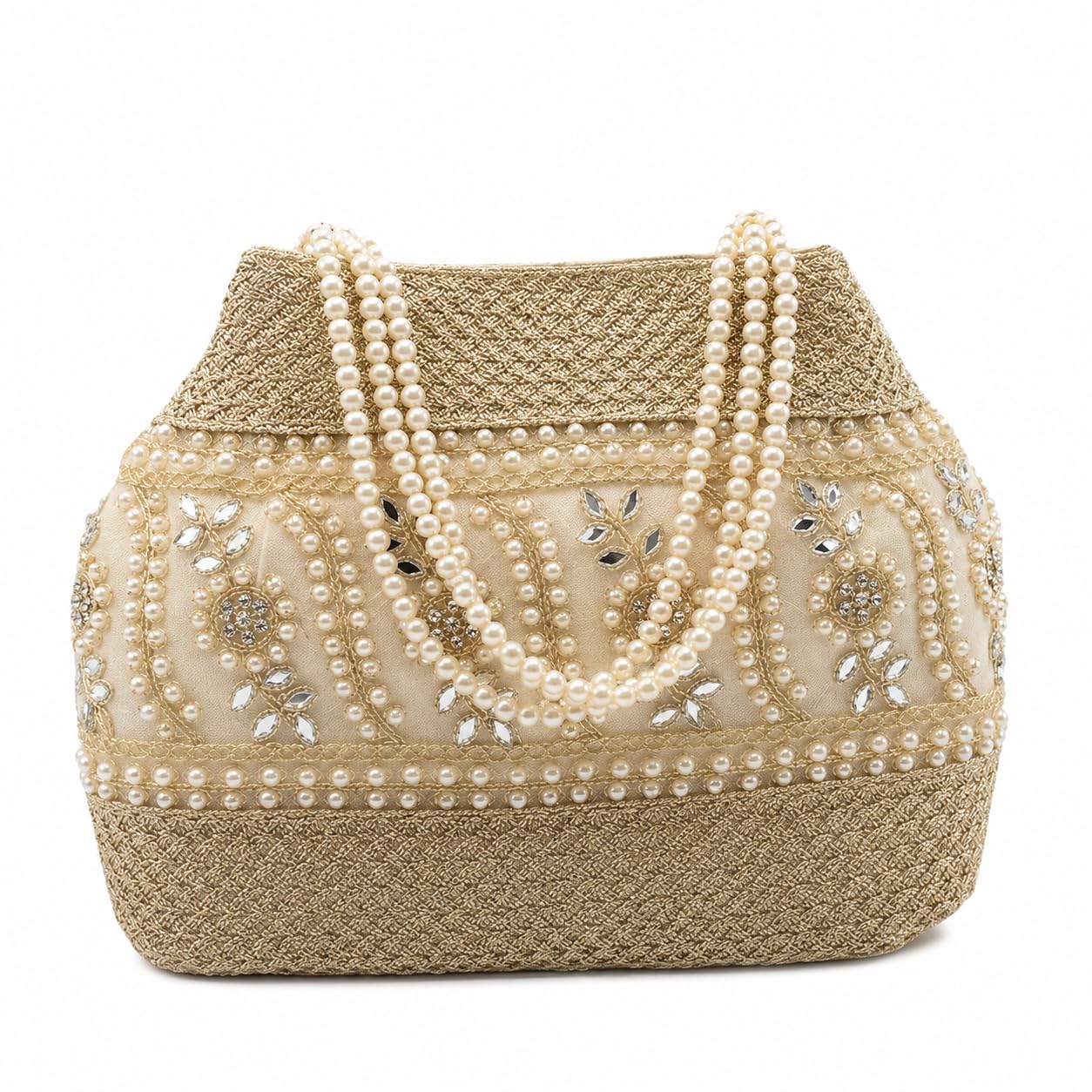 Pearl Embroidered Potli Bag for Women Silk Zari Work Bridal Clutch Handbag Evening Purse-picture-45