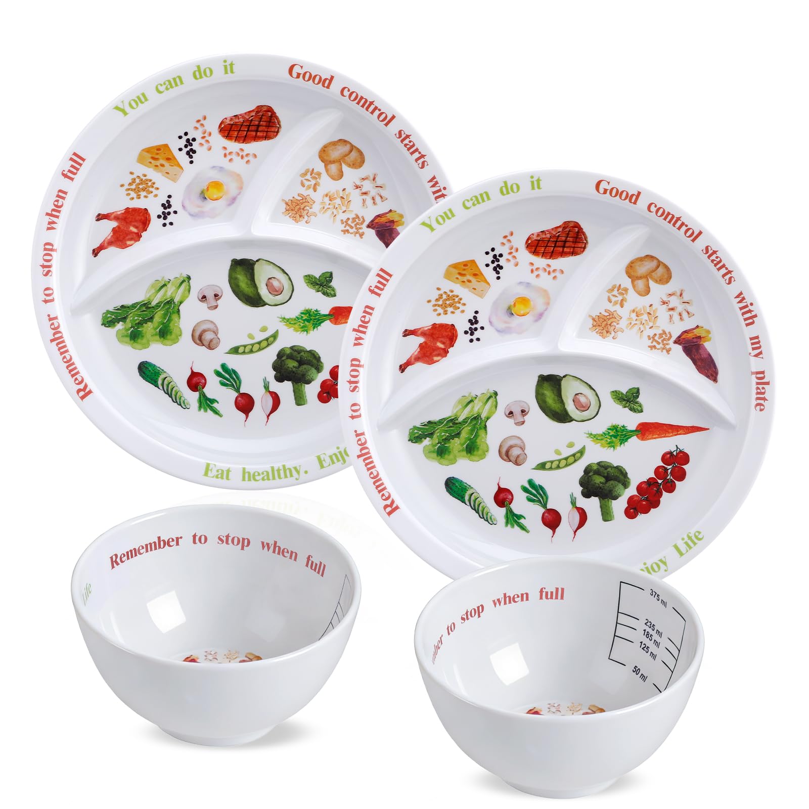 Yuecda 4-packPortion Control Plate for Balanced Eating -Healthy Nutrition Plate for Adults and Teens - Melamine Dividers, Perfect for Balanced Eating and Diet Management（Arc-Shaped Style）