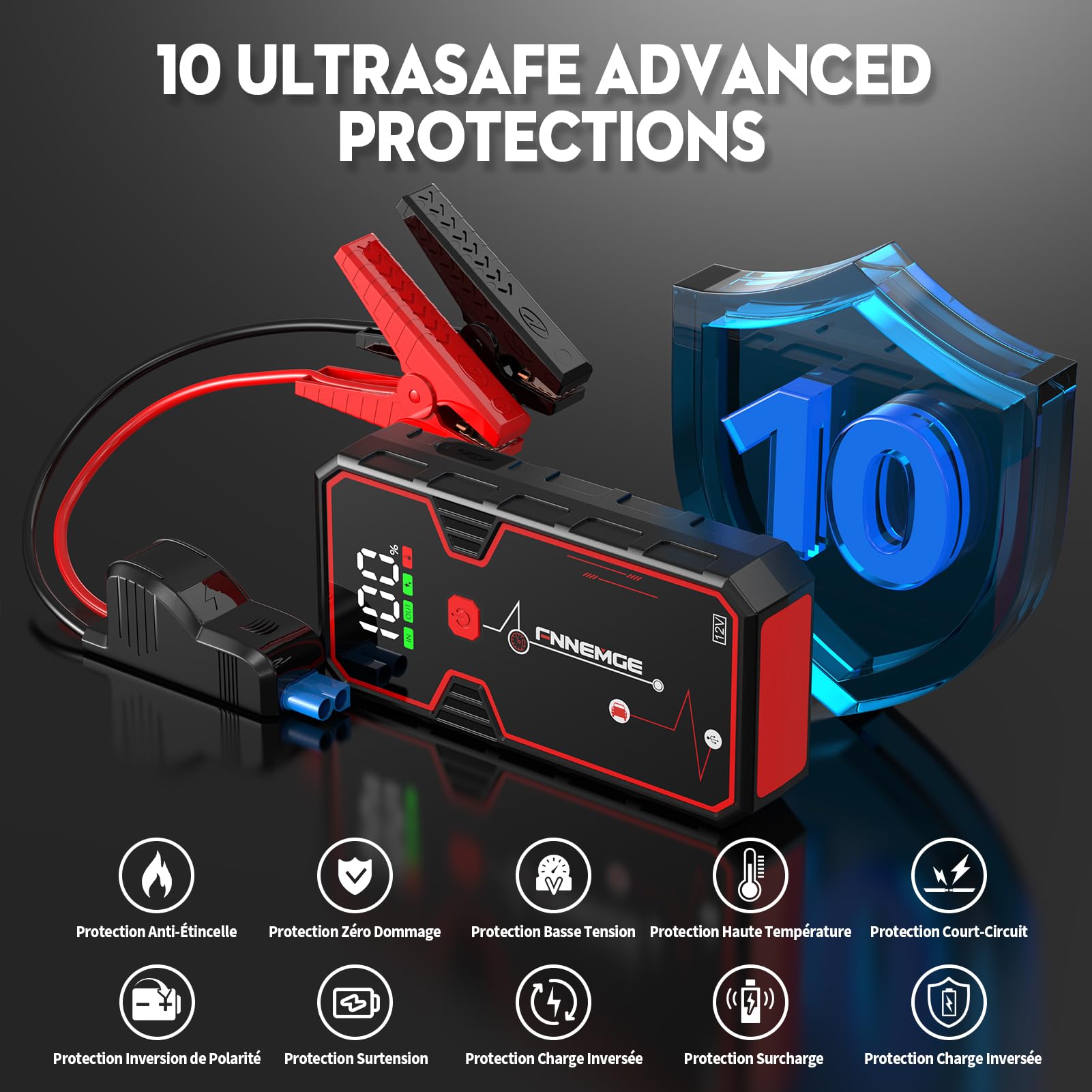 FNNEMGE Booster Batterie, 4000A 21800mAh Portable Jump Starter, Démarrage de Voiture (Jusqu’à 8.0 L Essence 6.5L Gazole), Jump Starter avec Port de Charge USB, lumière LED, HD Écran Large.