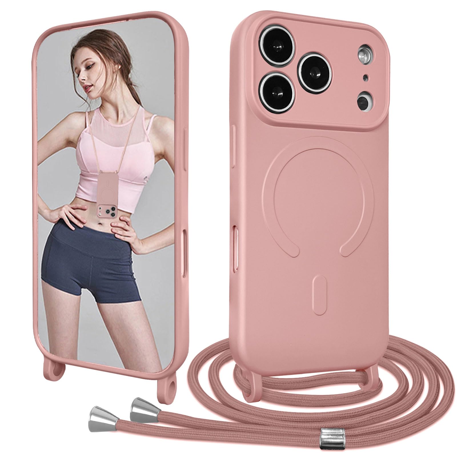 Ethanger Magnetische beschermhoes met koord voor iPhone 17 Pro Max, hoes met schouderriem, compatibel met MagSafe, vloeibare siliconen ketting, beschermhoes voor iPhone 17 Pro Max, roze