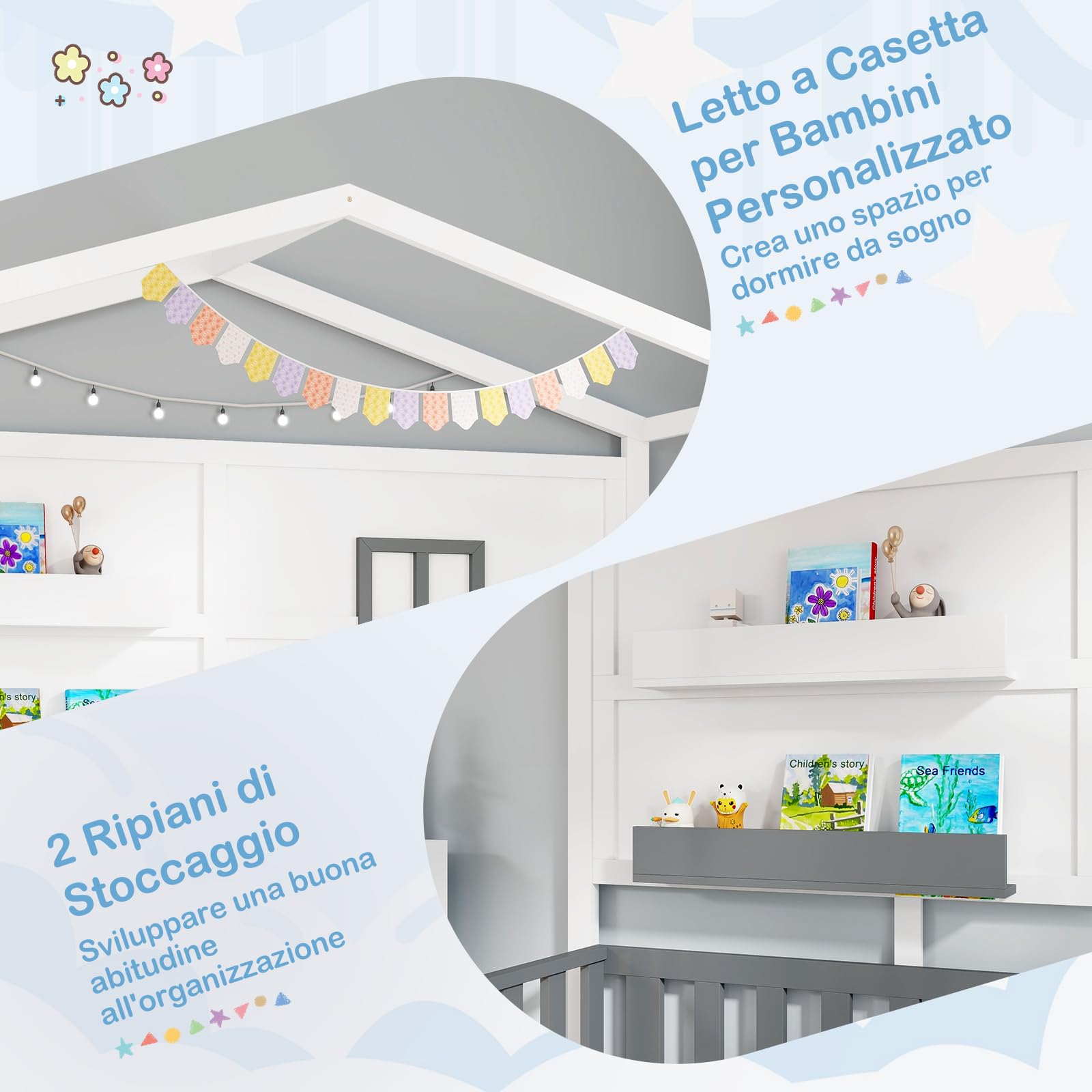 GYMAX Struttura Letto per Bambini, Carico 180 kg, Letto Singolo Montessori a Terra con Recinzione, 18 Doghe in Legno e 2 Mensole di Stoccaggio, Letto a Piattaforma in Stile Casetta, 206 x 97 x 192 cm
