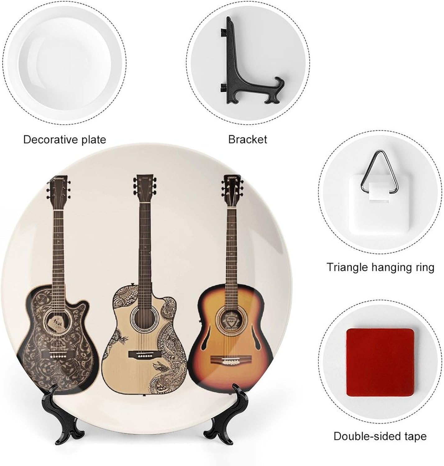 Guitar Decorative Plates for Display Round Porcelain Plate Living Room Table Ceramic Hanging Decorative Plate Art Decor for Living Room Table with 1 Display Stand 10inch