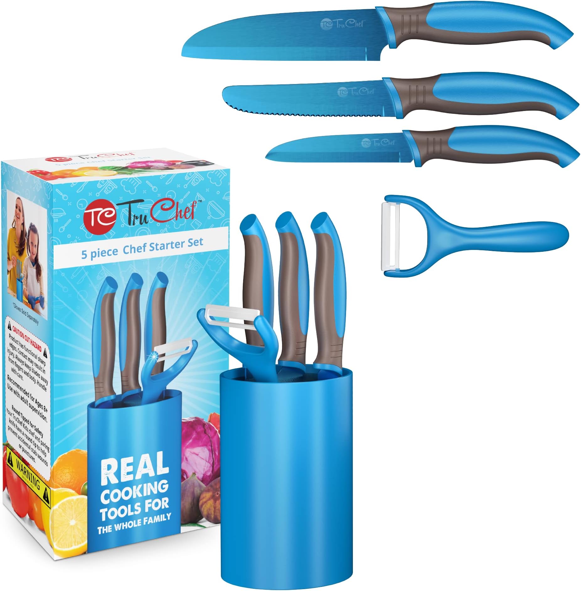 TruChef 5-Piece Kids Knife Set | Real Stainless Steel Cooking Knives with Peeler, Serrated Blade & Storage Stand | Safe, Easy-Grip Design – Fun Junior Chef Set for Boys & Girls (5 pcs, Blue)