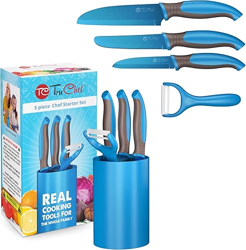 TruChef Juego de cuchillos para niños para cocinar, juego de cocina para niños de 5 piezas en azul, suministros de cocina para niños con cuchillo de