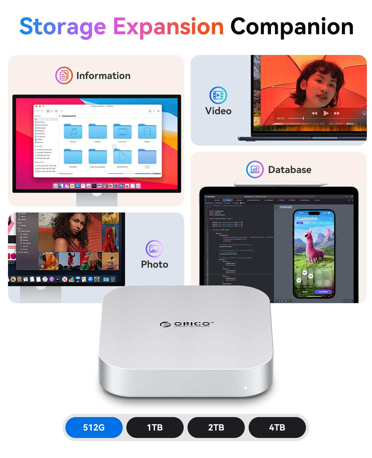 ORICO MiniMate Pro+ 40Gbps Mac Mini M4 Docking Stand & Hub with Built-in 4TB NVMe SSD (Non-Removable) Mac Mini M4 and M4 Pro 2025, Aluminum USB4 Dock, 3.5mm Audio I/O, 2×USB-A, Compatible with USB4