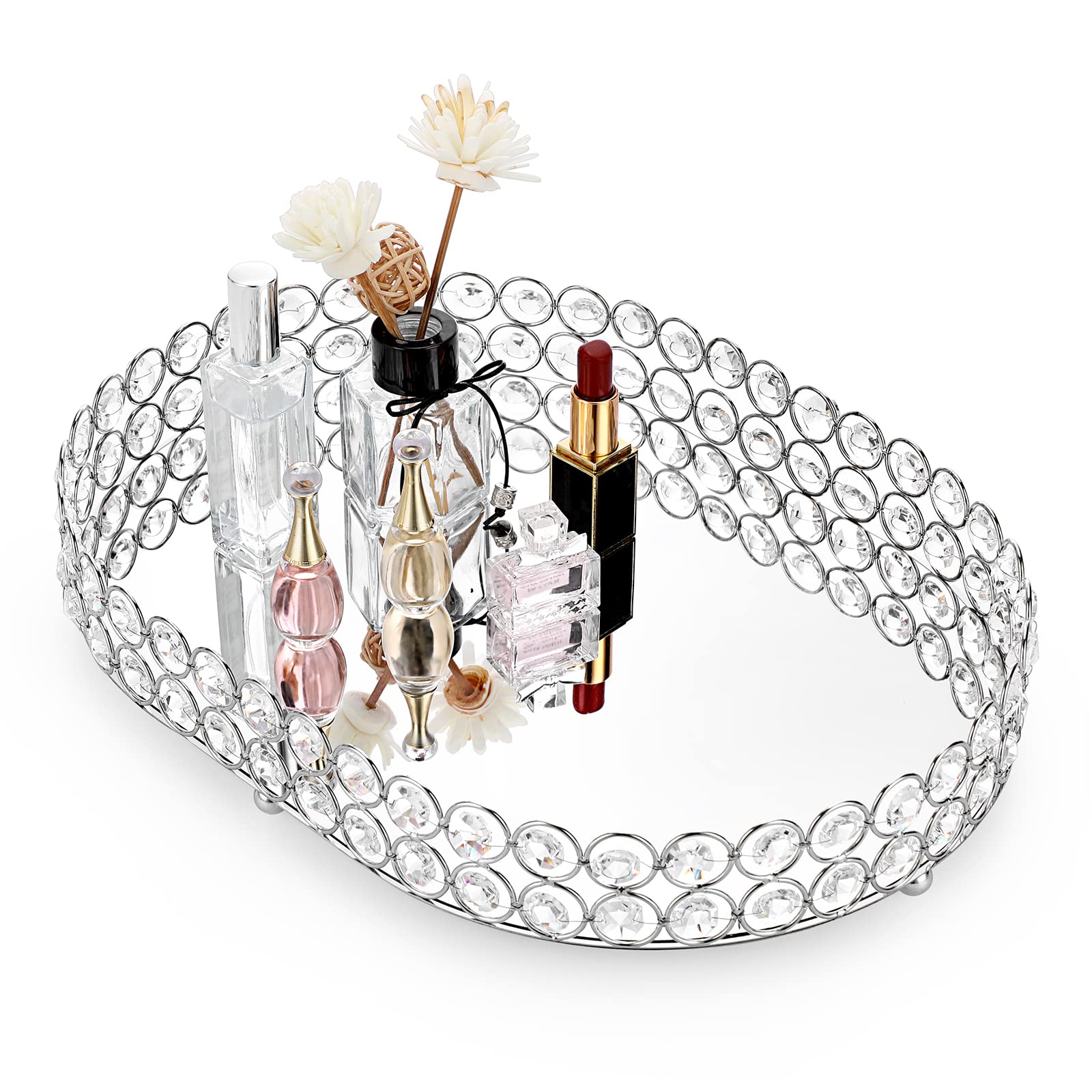 Hipiwe Crystal Vanity Tray, Mirrored Dresser Perfume Trays for Makeup Tray Cosmetic Skin Care Storage, Jewelry Trinket Organizer Tray for Bathroom Countertop Home Decor, Large