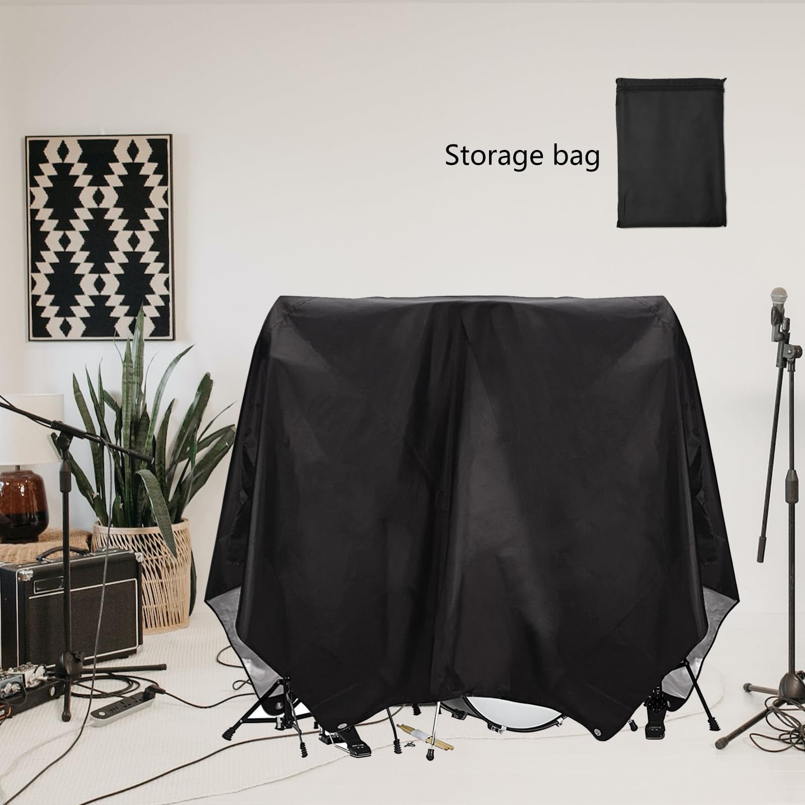Musiin Housse de protection contre la poussière pour batterie - Tissu Oxford robuste avec revêtement argenté - Convient à la plupart des supports de batterie - Livré avec un sac (noir)
