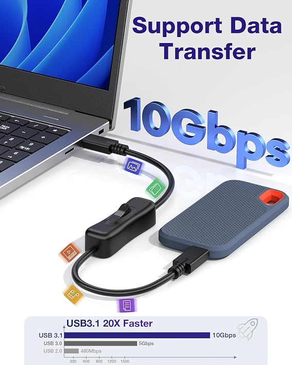RIITOP Short USB C On Off Switch Cable 10Gbps [1ft], USB 3.1 Type-C to C Cable with Switch Support Video/Data/PD Fast Charging 20V/3A