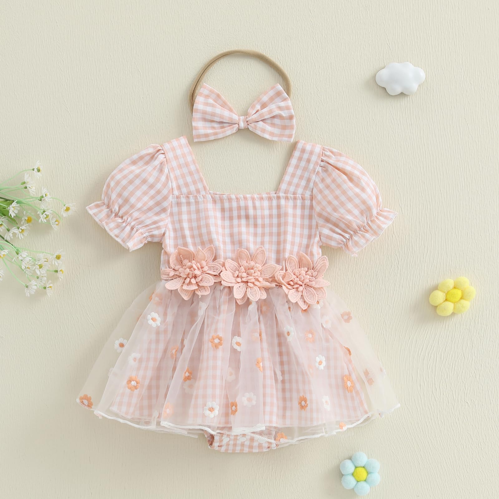 Douhoow Baby Girls Plaid Romper Dress Floral Embroidery Baby Dress Romper Infant Girl Summer Clothes with Headband (Pink, 6-12 Months)